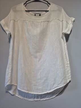White Women's Short Sleeve Linen Blend Top with Embellished Yoke